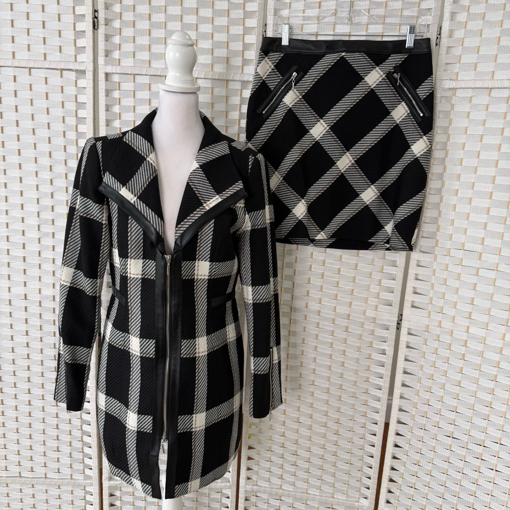 White House Black Market Plaid Zip-Up Black White Jacket and Skirt Suit